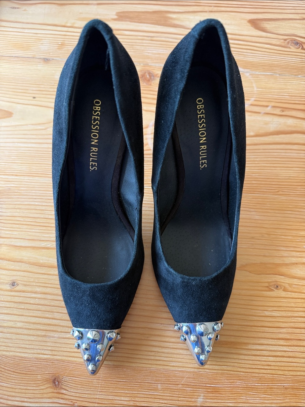 Obsession Rules Black Pointed Toe Pumps with Studded Silver Caps